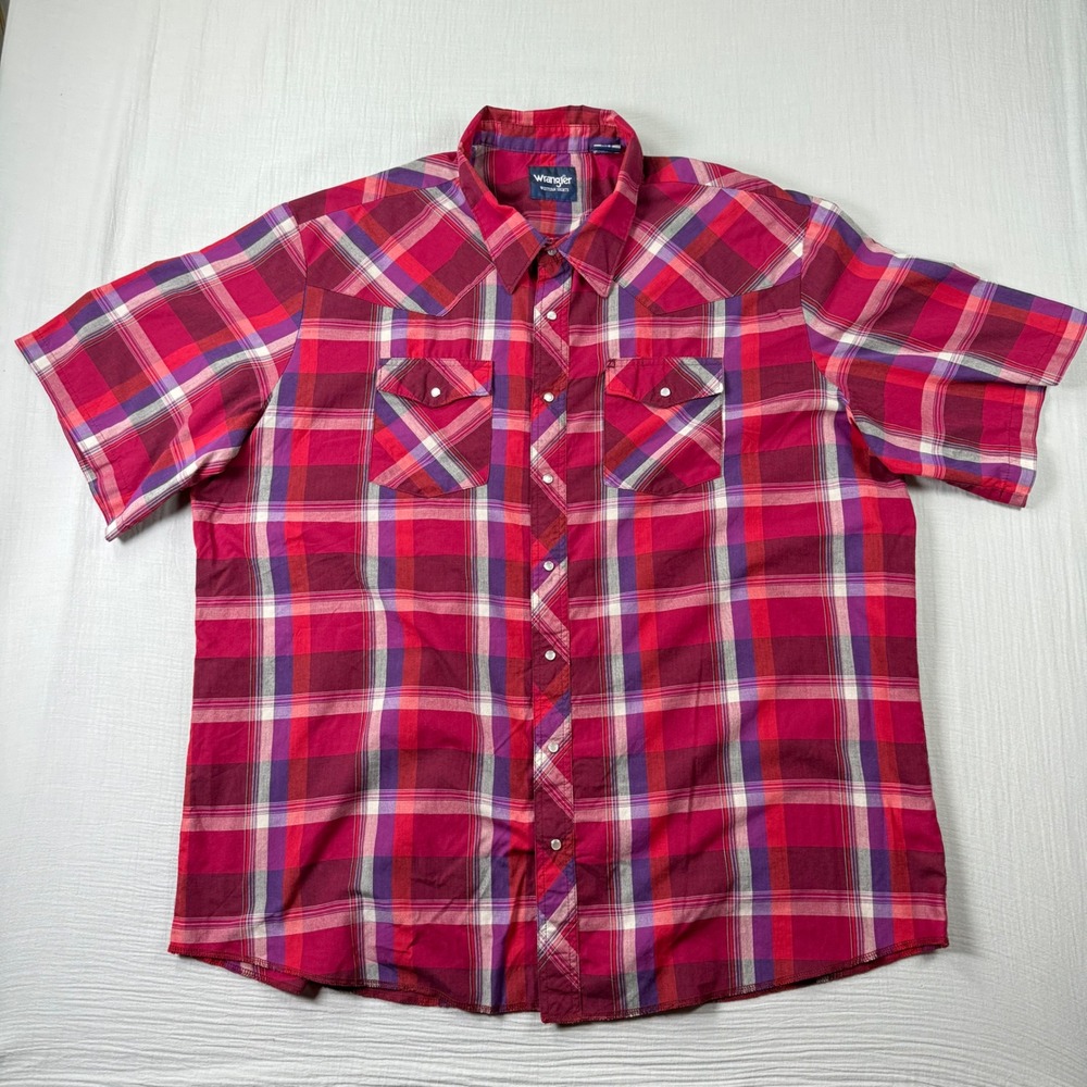 Wrangler Pearl Snap Shirt Mens 3XT Red Purple Plaid Short Sleeve Tall Western - Picture 1 of 5